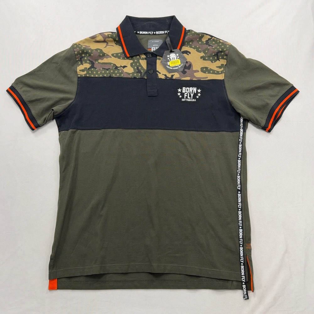 Born Fly Polo Shirt Camo Colorblock Star Graphic Green Mens‎ XL NWT